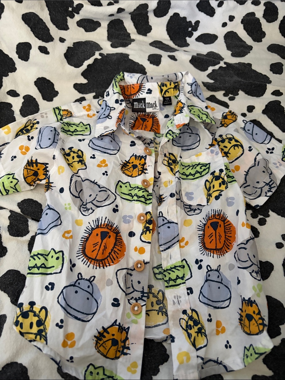 White Safari Print Button-Up Shirt - Orange, Green, Blue Accents